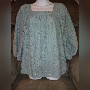 Lauren Conrad Eyelet Lace Peasant Prairie Top Blouse XL Seafoam Green